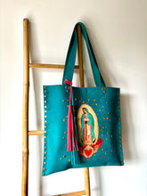 Cargar imagen en el visor de la galería, Cartera de cuero azul petróleo, Virgen de Guadalupe
