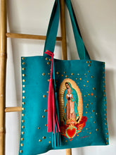 Cargar imagen en el visor de la galería, Cartera de cuero azul petróleo, Virgen de Guadalupe
