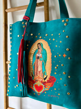 Cargar imagen en el visor de la galería, Cartera de cuero azul petróleo, Virgen de Guadalupe
